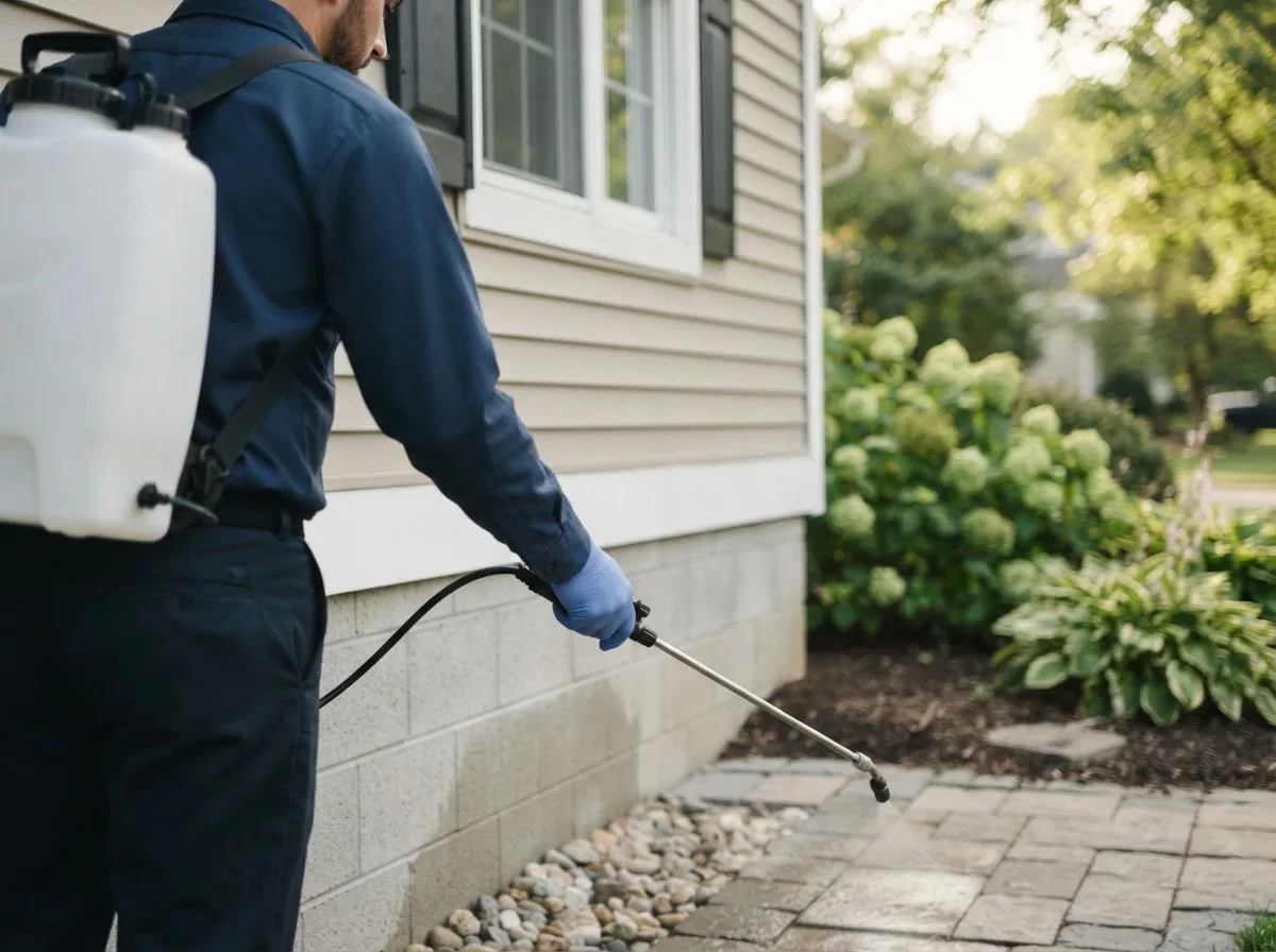 Pest control technician inspecting a home in Cold Spring, MN